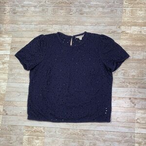 Boden Size 12 Edi Embroidered Top Short Sleeve Blouse Eyelet Cotton Navy Blue